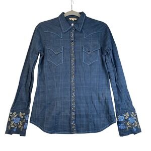 Stetson Women's Western Shirt Pearl Snap Blue Embroidered Cowboycore Rodeo Small